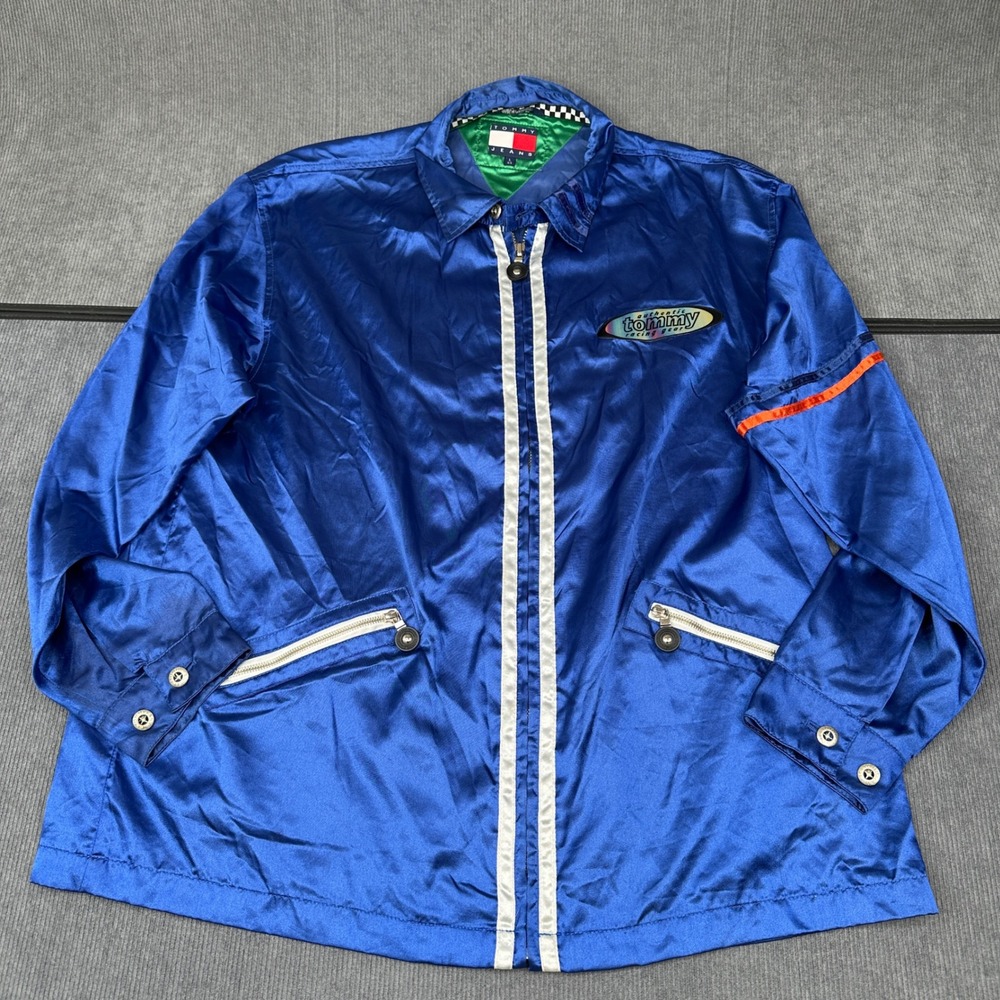 Tommy Jeans Authentic Racing Gear‎ Blue Satin Zip Up Jacket Mens Large Vintage